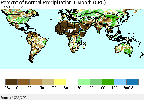 World Percent of Normal Precipitation 1-Month (CPC) Thematic Map For 1/1/2024 - 1/31/2024