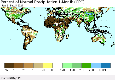 World Percent of Normal Precipitation 1-Month (CPC) Thematic Map For 1/6/2024 - 2/5/2024