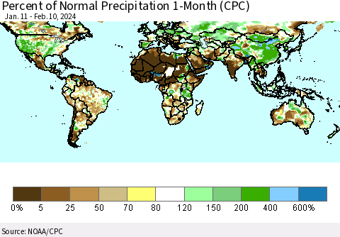 World Percent of Normal Precipitation 1-Month (CPC) Thematic Map For 1/11/2024 - 2/10/2024