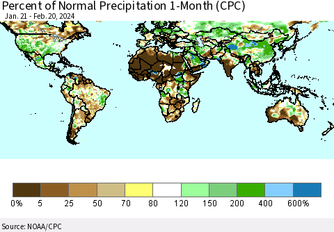 World Percent of Normal Precipitation 1-Month (CPC) Thematic Map For 1/21/2024 - 2/20/2024