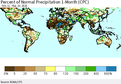 World Percent of Normal Precipitation 1-Month (CPC) Thematic Map For 2/11/2024 - 3/10/2024
