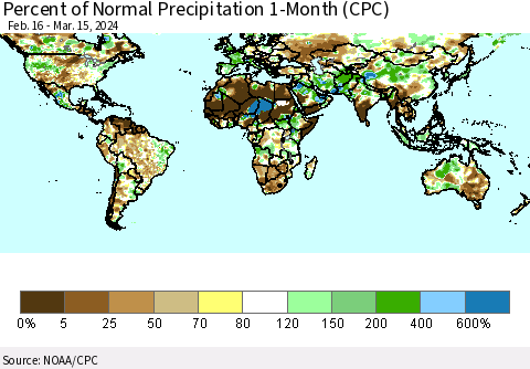 World Percent of Normal Precipitation 1-Month (CPC) Thematic Map For 2/16/2024 - 3/15/2024
