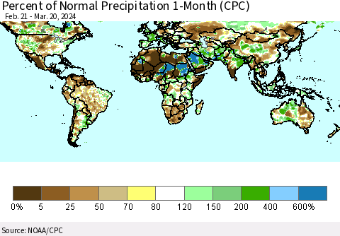 World Percent of Normal Precipitation 1-Month (CPC) Thematic Map For 2/21/2024 - 3/20/2024