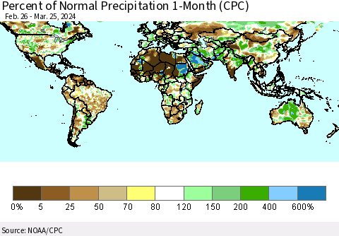 World Percent of Normal Precipitation 1-Month (CPC) Thematic Map For 2/26/2024 - 3/25/2024