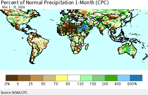 World Percent of Normal Precipitation 1-Month (CPC) Thematic Map For 3/1/2024 - 3/31/2024