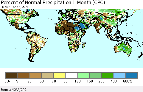 World Percent of Normal Precipitation 1-Month (CPC) Thematic Map For 3/6/2024 - 4/5/2024