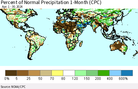 World Percent of Normal Precipitation 1-Month (CPC) Thematic Map For 4/1/2024 - 4/30/2024