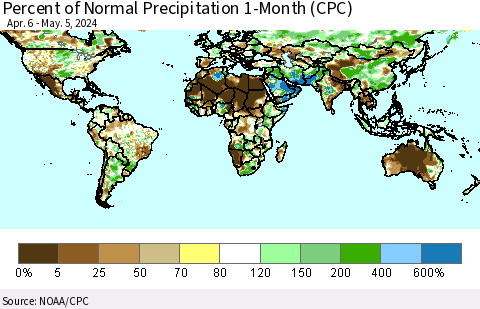 World Percent of Normal Precipitation 1-Month (CPC) Thematic Map For 4/6/2024 - 5/5/2024