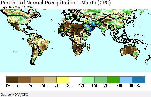 World Percent of Normal Precipitation 1-Month (CPC) Thematic Map For 4/16/2024 - 5/15/2024