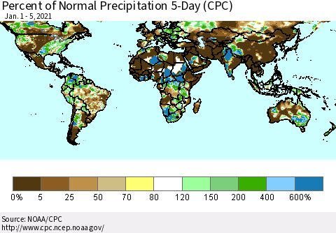 World Percent of Normal Precipitation 5-Day (CPC) Thematic Map For 1/1/2021 - 1/5/2021