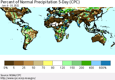 World Percent of Normal Precipitation 5-Day (CPC) Thematic Map For 1/6/2021 - 1/10/2021