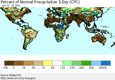 World Percent of Normal Precipitation 5-Day (CPC) Thematic Map For 1/11/2021 - 1/15/2021