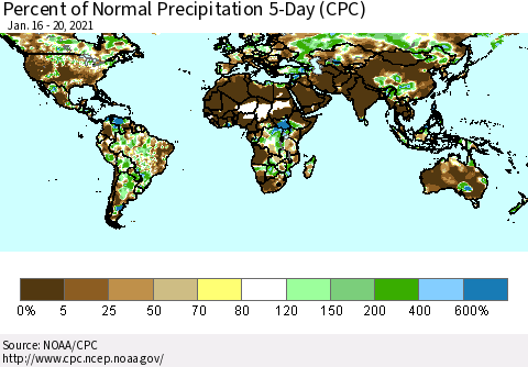 World Percent of Normal Precipitation 5-Day (CPC) Thematic Map For 1/16/2021 - 1/20/2021
