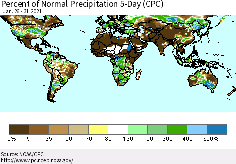 World Percent of Normal Precipitation 5-Day (CPC) Thematic Map For 1/26/2021 - 1/31/2021