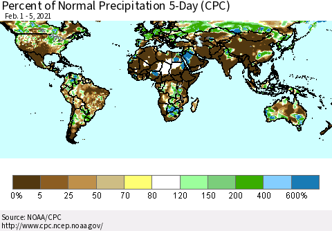 World Percent of Normal Precipitation 5-Day (CPC) Thematic Map For 2/1/2021 - 2/5/2021