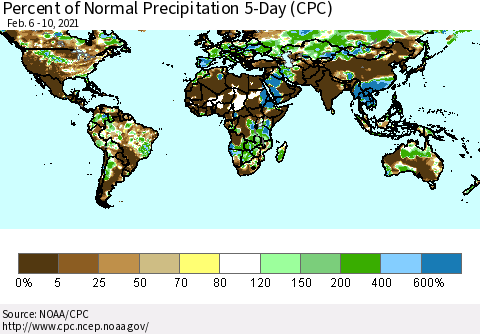 World Percent of Normal Precipitation 5-Day (CPC) Thematic Map For 2/6/2021 - 2/10/2021