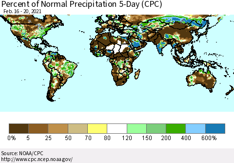 World Percent of Normal Precipitation 5-Day (CPC) Thematic Map For 2/16/2021 - 2/20/2021