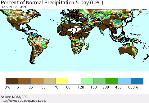 World Percent of Normal Precipitation 5-Day (CPC) Thematic Map For 2/21/2021 - 2/25/2021