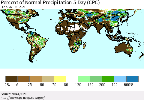 World Percent of Normal Precipitation 5-Day (CPC) Thematic Map For 2/26/2021 - 2/28/2021
