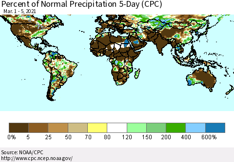 World Percent of Normal Precipitation 5-Day (CPC) Thematic Map For 3/1/2021 - 3/5/2021