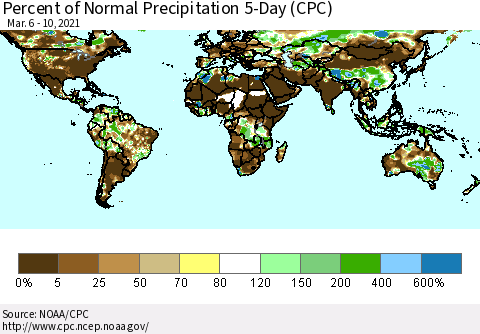 World Percent of Normal Precipitation 5-Day (CPC) Thematic Map For 3/6/2021 - 3/10/2021