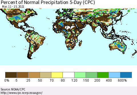 World Percent of Normal Precipitation 5-Day (CPC) Thematic Map For 3/11/2021 - 3/15/2021
