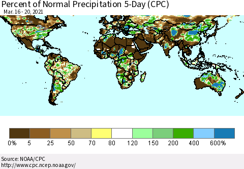 World Percent of Normal Precipitation 5-Day (CPC) Thematic Map For 3/16/2021 - 3/20/2021