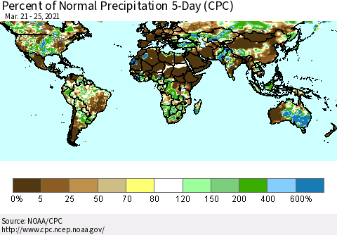 World Percent of Normal Precipitation 5-Day (CPC) Thematic Map For 3/21/2021 - 3/25/2021