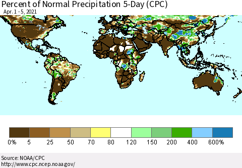 World Percent of Normal Precipitation 5-Day (CPC) Thematic Map For 4/1/2021 - 4/5/2021