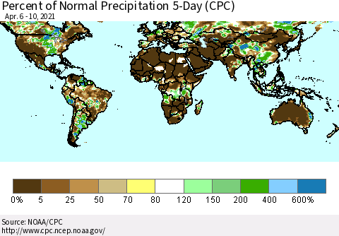 World Percent of Normal Precipitation 5-Day (CPC) Thematic Map For 4/6/2021 - 4/10/2021