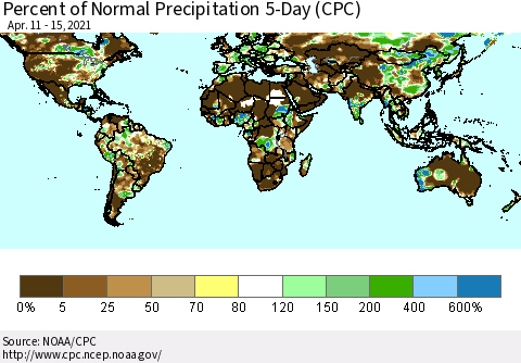 World Percent of Normal Precipitation 5-Day (CPC) Thematic Map For 4/11/2021 - 4/15/2021