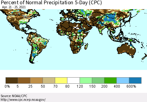 World Percent of Normal Precipitation 5-Day (CPC) Thematic Map For 4/21/2021 - 4/25/2021