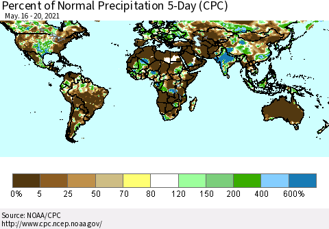 World Percent of Normal Precipitation 5-Day (CPC) Thematic Map For 5/16/2021 - 5/20/2021