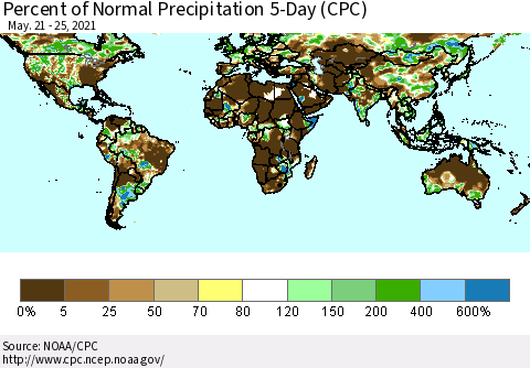 World Percent of Normal Precipitation 5-Day (CPC) Thematic Map For 5/21/2021 - 5/25/2021