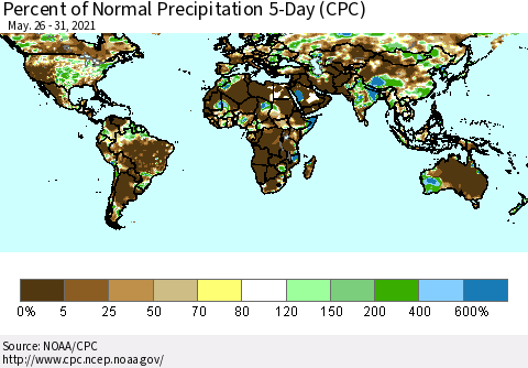 World Percent of Normal Precipitation 5-Day (CPC) Thematic Map For 5/26/2021 - 5/31/2021