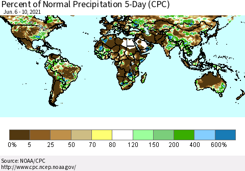 World Percent of Normal Precipitation 5-Day (CPC) Thematic Map For 6/6/2021 - 6/10/2021