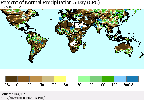 World Percent of Normal Precipitation 5-Day (CPC) Thematic Map For 6/16/2021 - 6/20/2021
