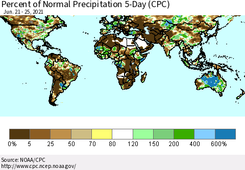 World Percent of Normal Precipitation 5-Day (CPC) Thematic Map For 6/21/2021 - 6/25/2021