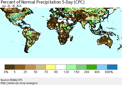 World Percent of Normal Precipitation 5-Day (CPC) Thematic Map For 6/26/2021 - 6/30/2021