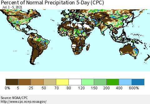 World Percent of Normal Precipitation 5-Day (CPC) Thematic Map For 7/1/2021 - 7/5/2021