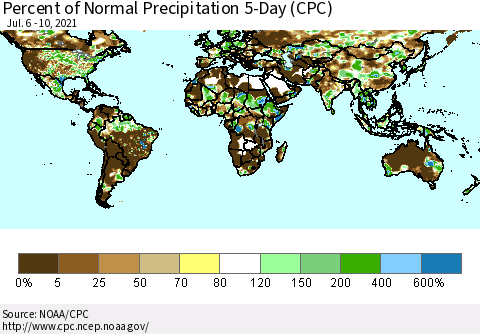 World Percent of Normal Precipitation 5-Day (CPC) Thematic Map For 7/6/2021 - 7/10/2021