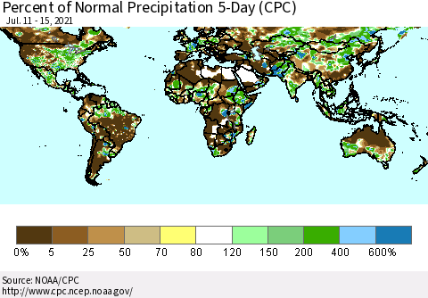 World Percent of Normal Precipitation 5-Day (CPC) Thematic Map For 7/11/2021 - 7/15/2021