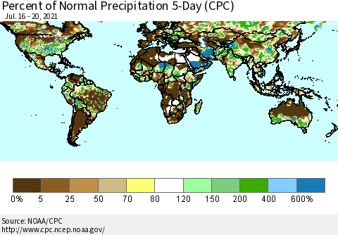 World Percent of Normal Precipitation 5-Day (CPC) Thematic Map For 7/16/2021 - 7/20/2021