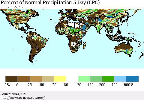 World Percent of Normal Precipitation 5-Day (CPC) Thematic Map For 7/21/2021 - 7/25/2021
