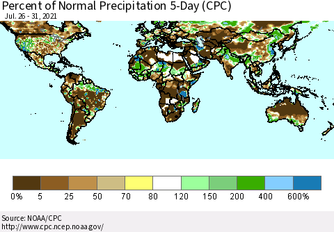 World Percent of Normal Precipitation 5-Day (CPC) Thematic Map For 7/26/2021 - 7/31/2021