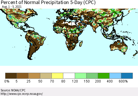 World Percent of Normal Precipitation 5-Day (CPC) Thematic Map For 8/1/2021 - 8/5/2021