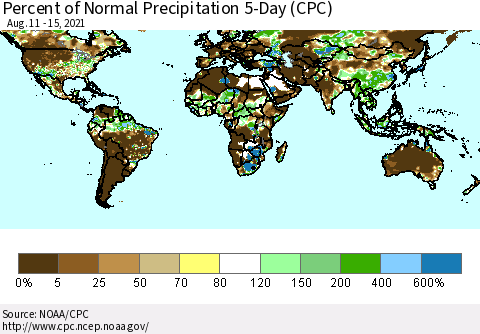 World Percent of Normal Precipitation 5-Day (CPC) Thematic Map For 8/11/2021 - 8/15/2021