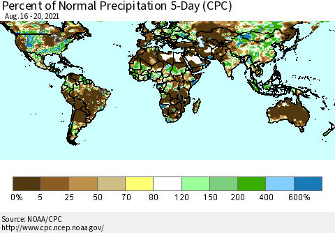 World Percent of Normal Precipitation 5-Day (CPC) Thematic Map For 8/16/2021 - 8/20/2021