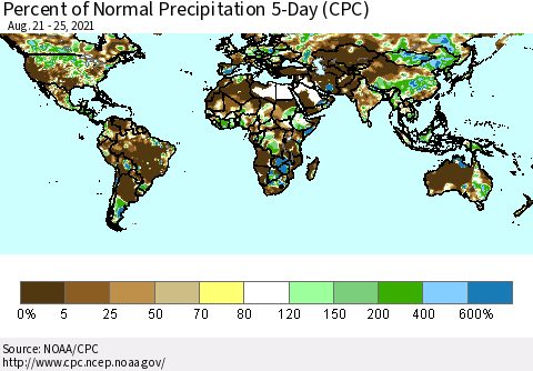 World Percent of Normal Precipitation 5-Day (CPC) Thematic Map For 8/21/2021 - 8/25/2021