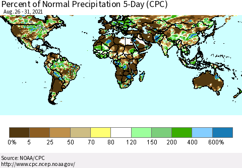 World Percent of Normal Precipitation 5-Day (CPC) Thematic Map For 8/26/2021 - 8/31/2021